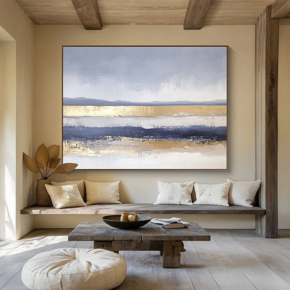 “Gray - Blue Abstract with Gold Bands” - Gray, Blue, Gold, Horizontal Landscape Bands Painting On Canvas HB0852