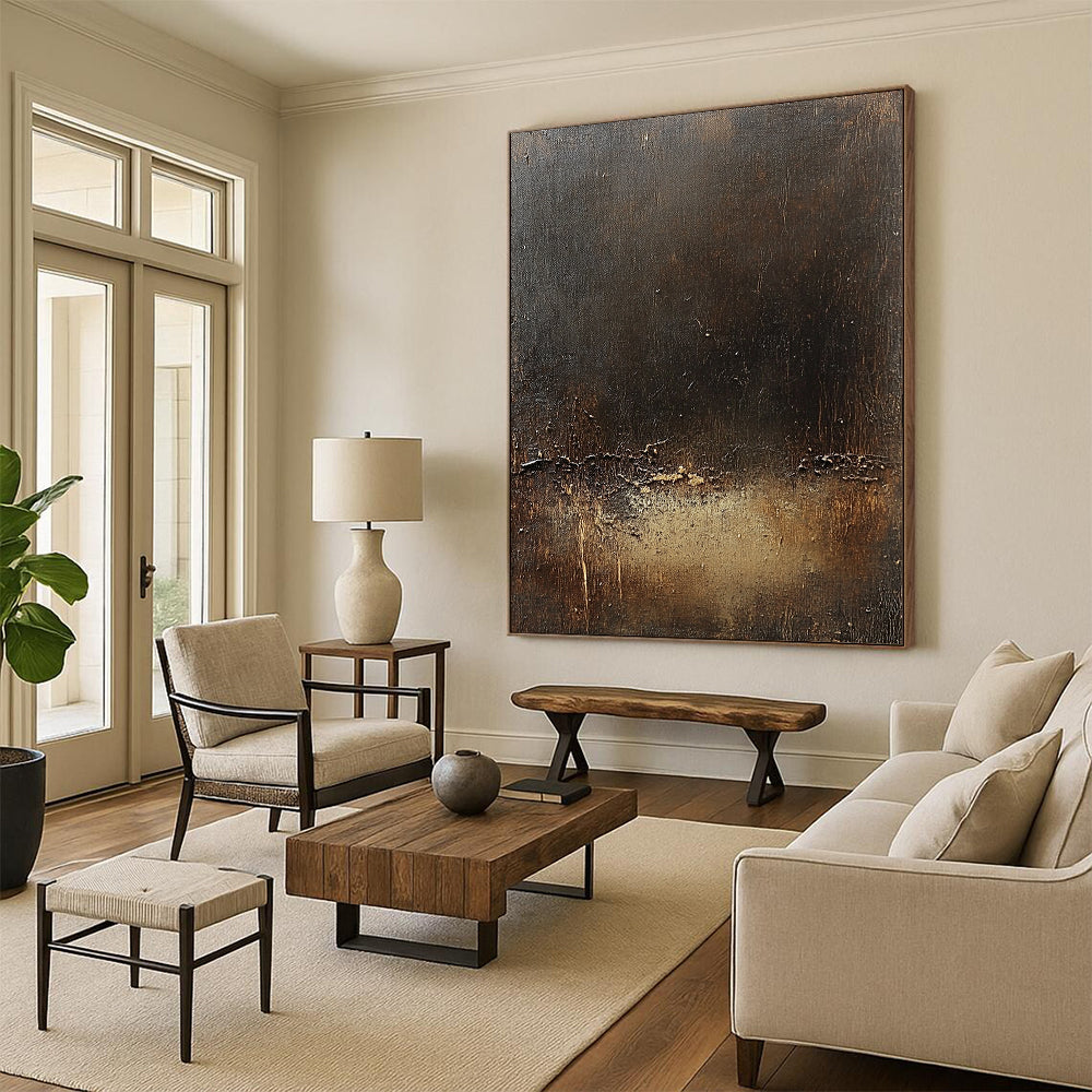 Contemporary abstract canvas art featuring a dark brown textured background subtle golden line and signs of wear enhancing its unique character. DLZ1571