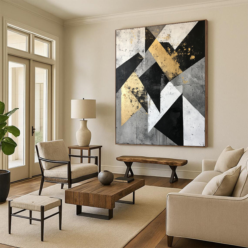 Gold, Black, Gray, White with Angular Shapes "Geometric Edge" Abstract Painting On Canvas HB006