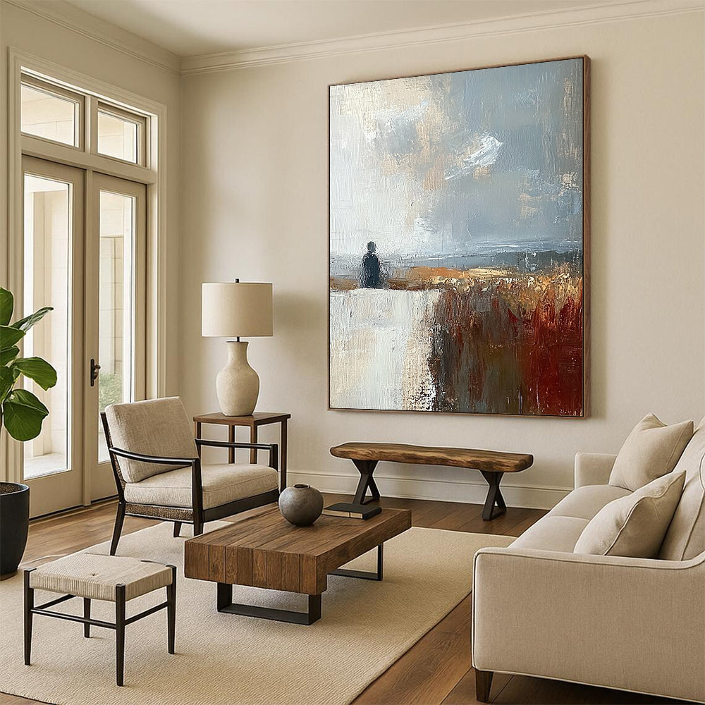 Contemporary abstract painting featuring muted brown grey and blue landscape under a large white sky creating a detailed and moody atmosphere. DLZ0487