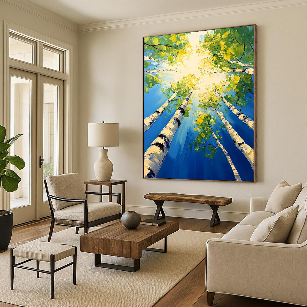 Contemporary hand-painted artwork depicting birch trees with vibrant green leaves under a bright blue sky capturing tranquility and vitality. DLZ1708
