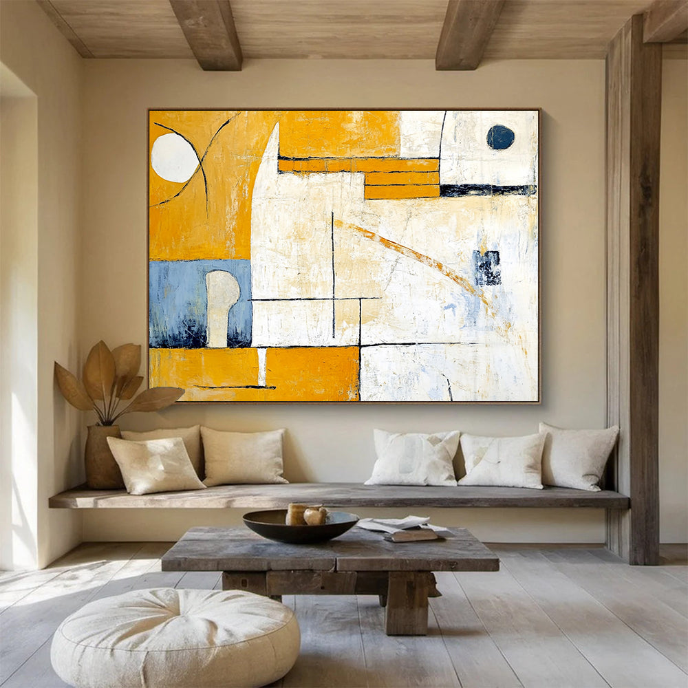 “Yellow - Blue Geometric Abstraction” - Yellow, Blue, White with Geometric Shapes - Abstract Acrylic Painting HB1352