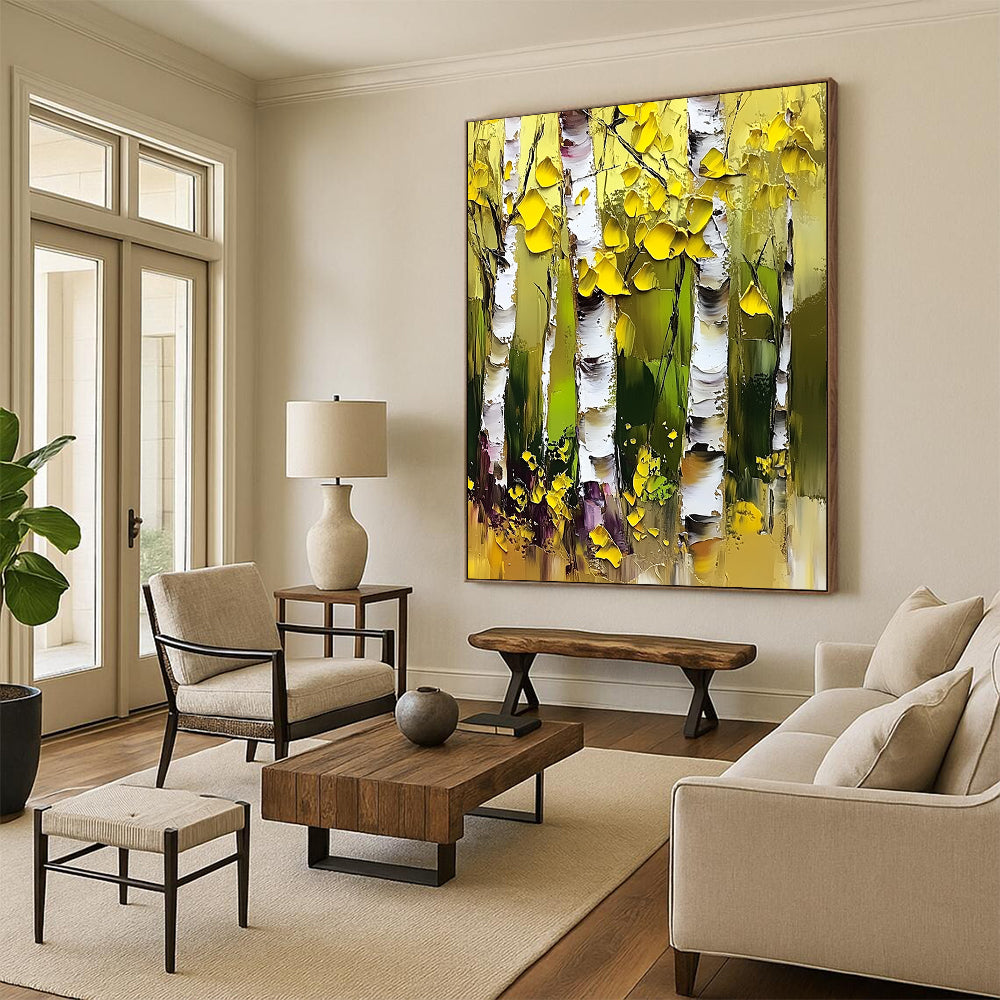 Contemporary abstract artwork featuring vibrant birch trees with thick brushstrokes, palette knife technique, and bright yellow and green foliage against striking white bark. DLZ1105
