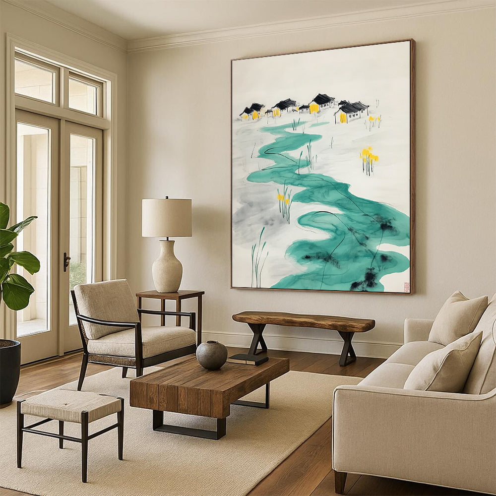 Contemporary hand-painted abstract art features turquoise ripples leading to village houses with yellow figures at an oasis surrounded by serene water lilies. DLZ1565