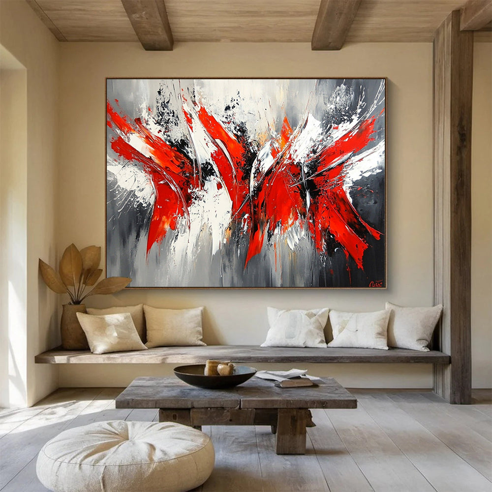 “Red & Gray Abstract Surge” - Bold reds, whites, grays, blacks; Dynamic abstract strokes; Abstract Expressionist Painting On Canvas HB1164