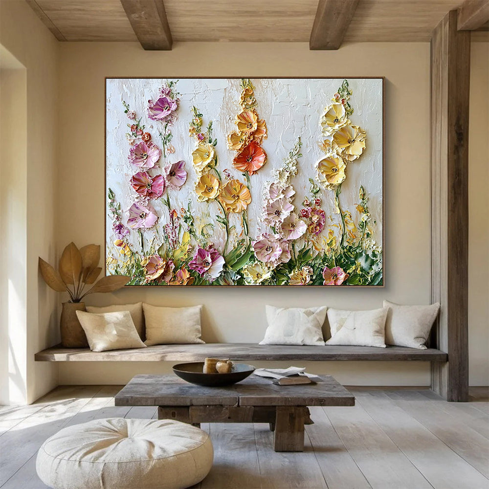 “Textured Floral Burst” - Pinks, Yellows, Purples, 3D Flower Relief - Palette Knife Floral Painting HB1558