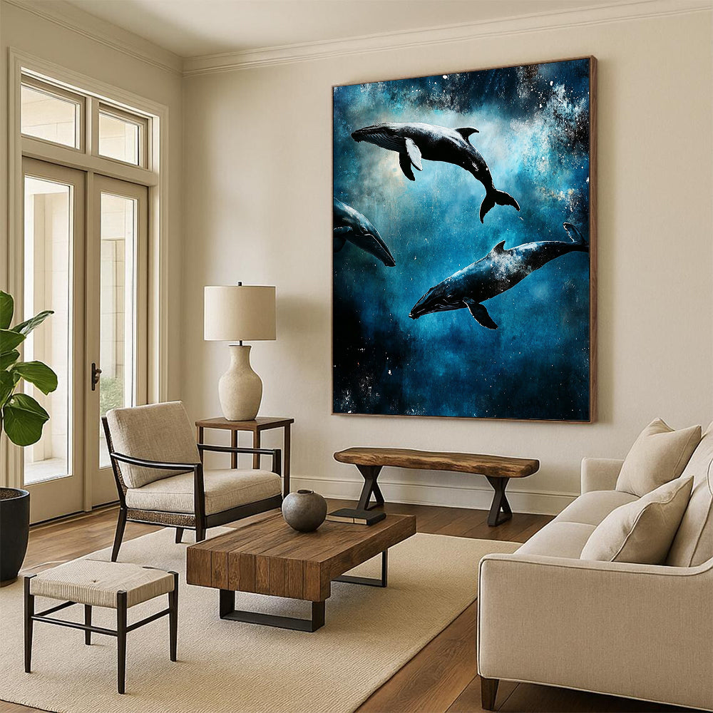 Abstract artwork showcasing ocean whales in cosmic space, featuring intricate underwater scenes, capturing a dark gritty aesthetic in digital painting style. DLZ1251