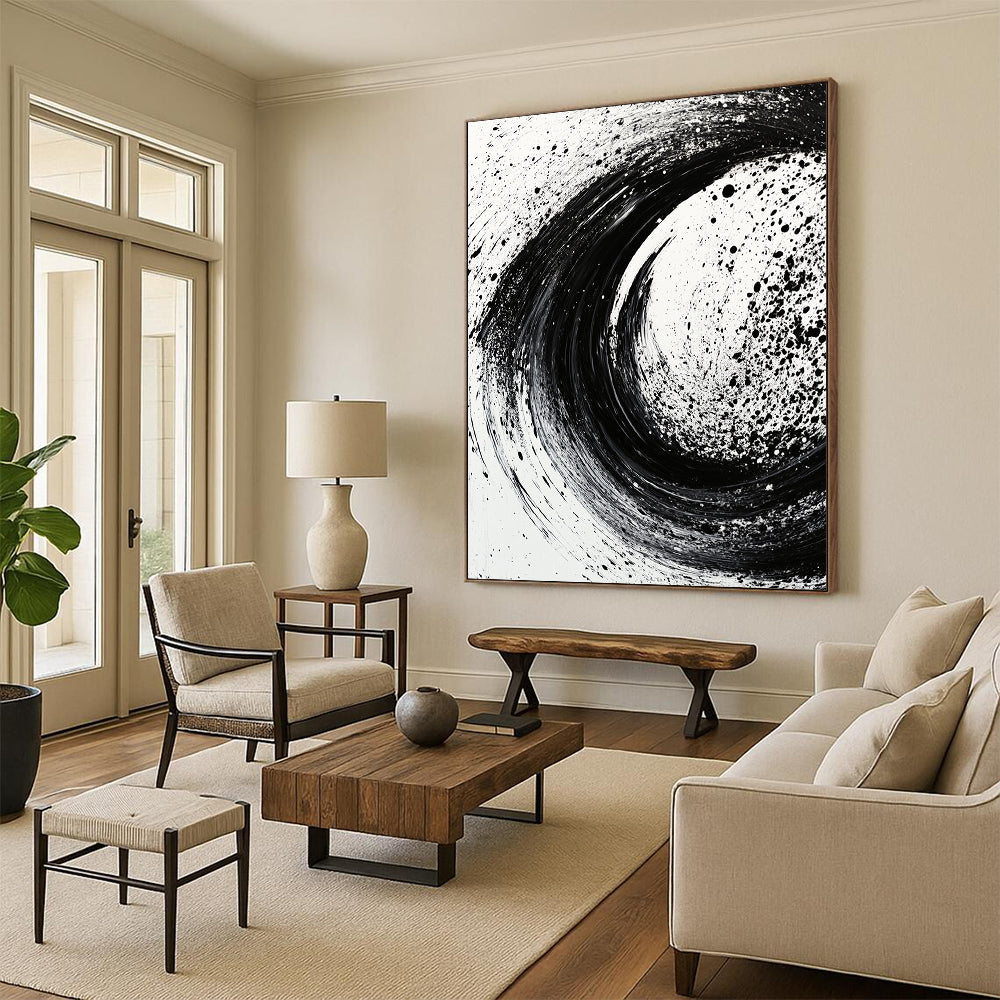 Black and White Swirling Splatter "Cosmic Tempest" Painting On Canvas HB281