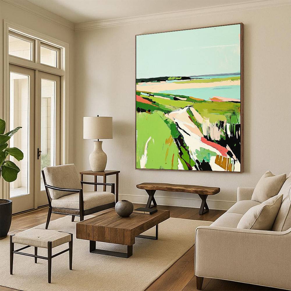 Contemporary abstract painting featuring vibrant green grass and a serene sky inspired by the coastal beauty of Cape Cod in Matisse's style. DLZ1420