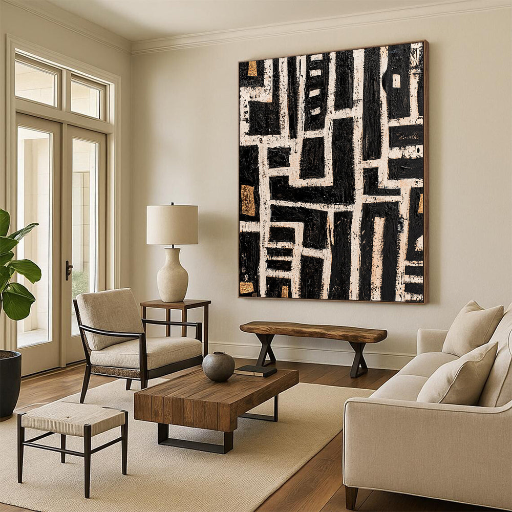 Black, White and Gold Geometric Maze "Labyrinthine Path" Painting On Canvas HB341