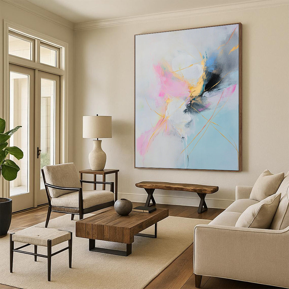 Large contemporary hand-painted abstract artwork featuring soft pastel colors and elegant golden lines in pink white blue yellow light gray and black. DLZ1061