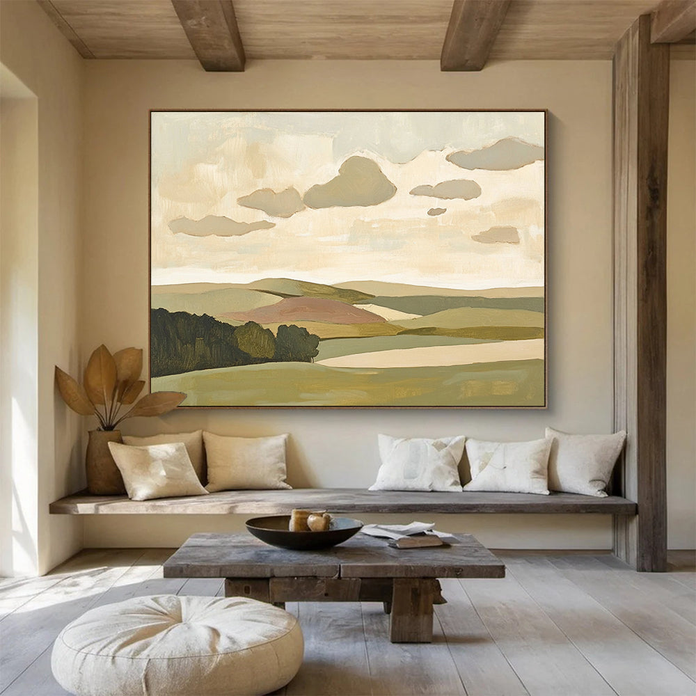 “Softly Painted Landscape” - Green, beige, pink, blue, Minimalist Landscape Painting HB0622