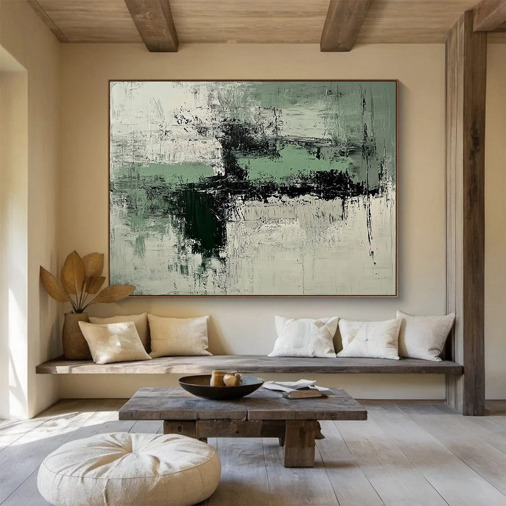 “Green and Gray Abstract Textures” - Green, gray, white, black; Textured abstract with green and gray; Acrylic Painting On Canvas HB1250
