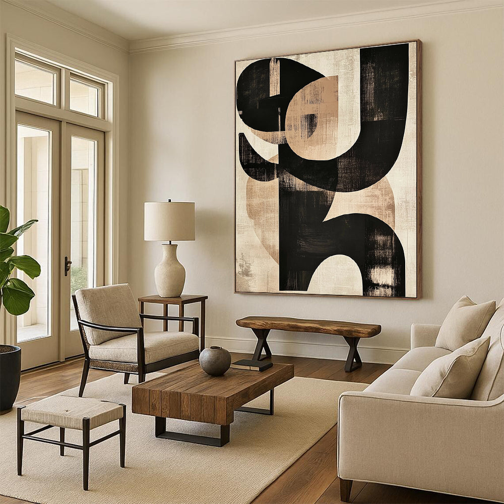 Large contemporary hand-painted abstract art featuring black and beige shapes with prominent S letters on textured paper. DLZ0295