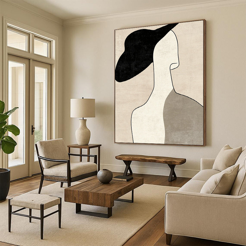 Contemporary minimalist art featuring a woman's profile with a hat in neutral tones and visible brush strokes on a beige background. DLZ1614
