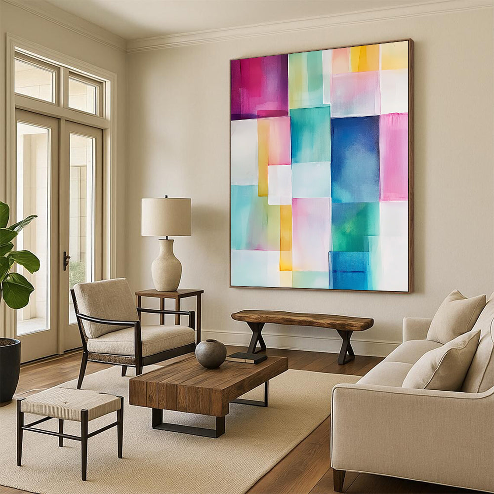 Contemporary hand-painted abstract art featuring geometric blocks of soft pink, blue, green, yellow, and white with translucent shapes and smooth edges. DLZ0911