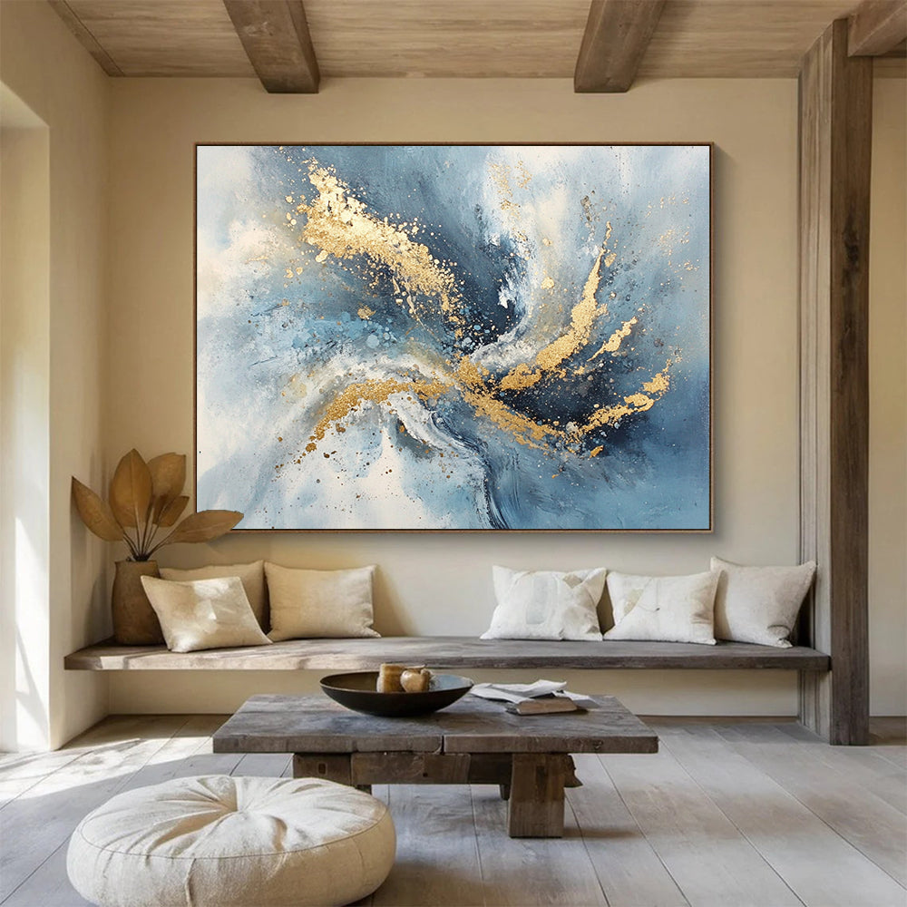 “Blue - Gray Abstract with Gold Splashes” - Blue, Gray, Gold, Dynamic Splashes Painting On Canvas HB0826