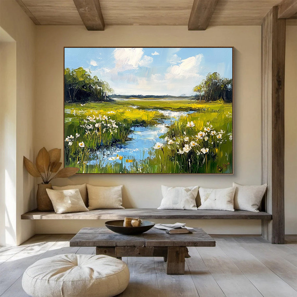 Green Meadow with Stream and White Flowers - Impressionistic Landscape Painting On Canvas HB0446