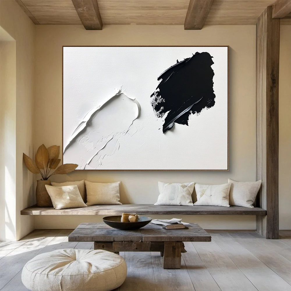 “Textured Black and White” - Black, White, Thick Textured Brushstrokes Painting On Canvas HB0960