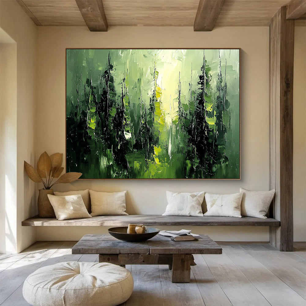 “Green Forest Impasto” - Green, Black, Abstract Trees - Textured Oil Painting HB1486