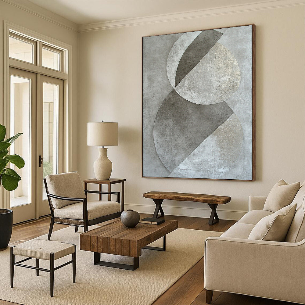 Gray and Silver Geometric Circles "Subtle Geometry" Painting On Canvas HB401