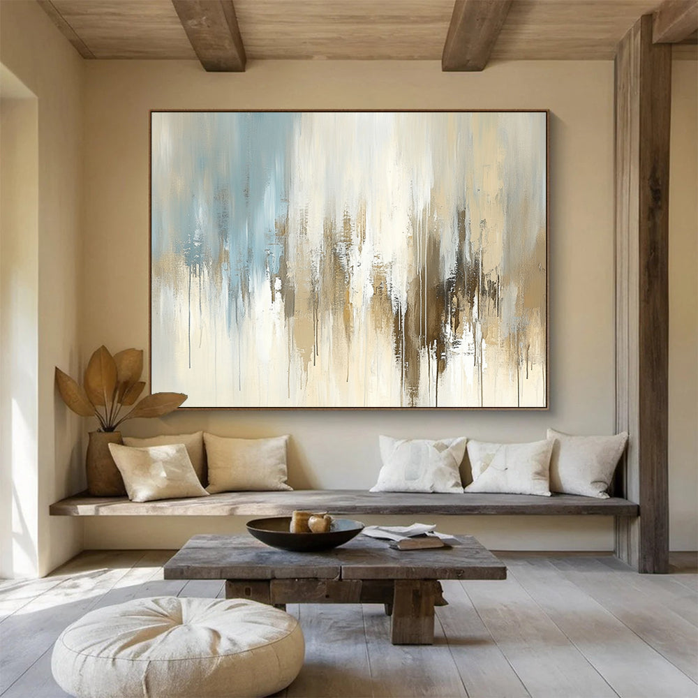 “Beige and Blue Abstract Drip” - Beige, blue, gray, white; Abstract with drip effects and soft color transitions; Acrylic Painting On Canvas HB1263