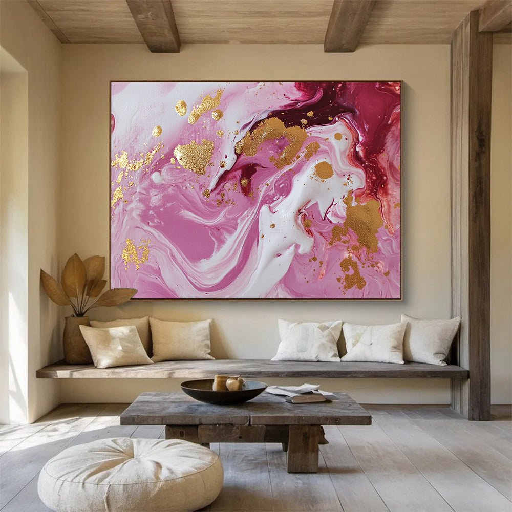“Pink and Gold Swirl” - Pink, White, Gold, Fluid Swirling Patterns - Acrylic Pour Painting HB1728