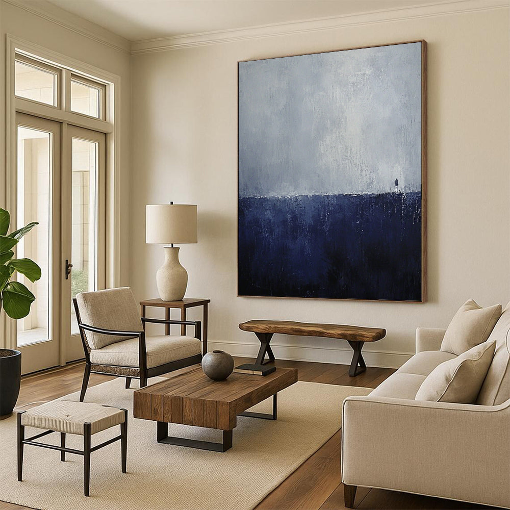 Large contemporary abstract painting featuring dark blue and gray tones minimalist landscape evoking loneliness and mystery with an endless horizon and heavy rain effect. DLZ0738