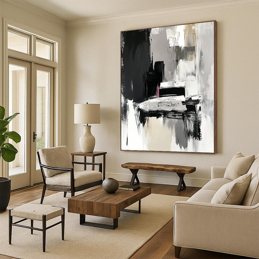 Contemporary hand-painted abstract artwork in black and grey features expressive brushstrokes with fluid shapes and textured surfaces depicting a car in an art gallery. DLZ0924
