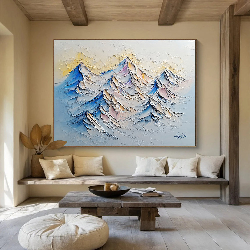 “Textured Mountain Peaks” - Blue, Purple, White, Yellow - Impasto Mountain Landscape - Acrylic Painting HB1316