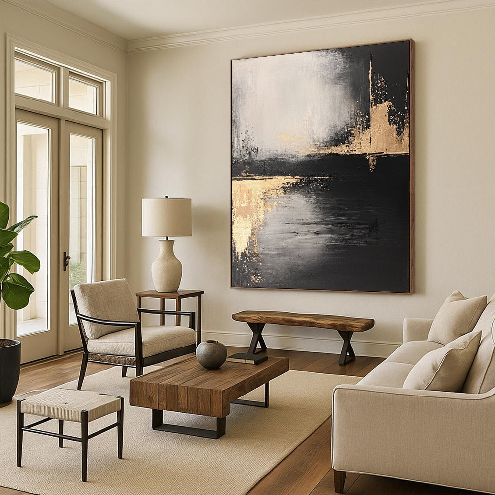 Contemporary abstract art featuring a monochromatic palette of black and gold with textured brush strokes and subtle contrasts of light and shadow. DLZ0296