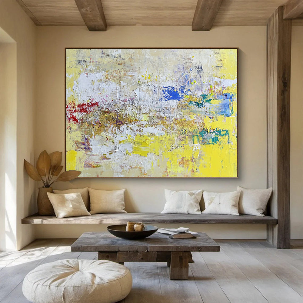 “Yellow - Based Abstract Textures” - Yellow, White, Colorful Splashes - Painting On Canvas HB1407