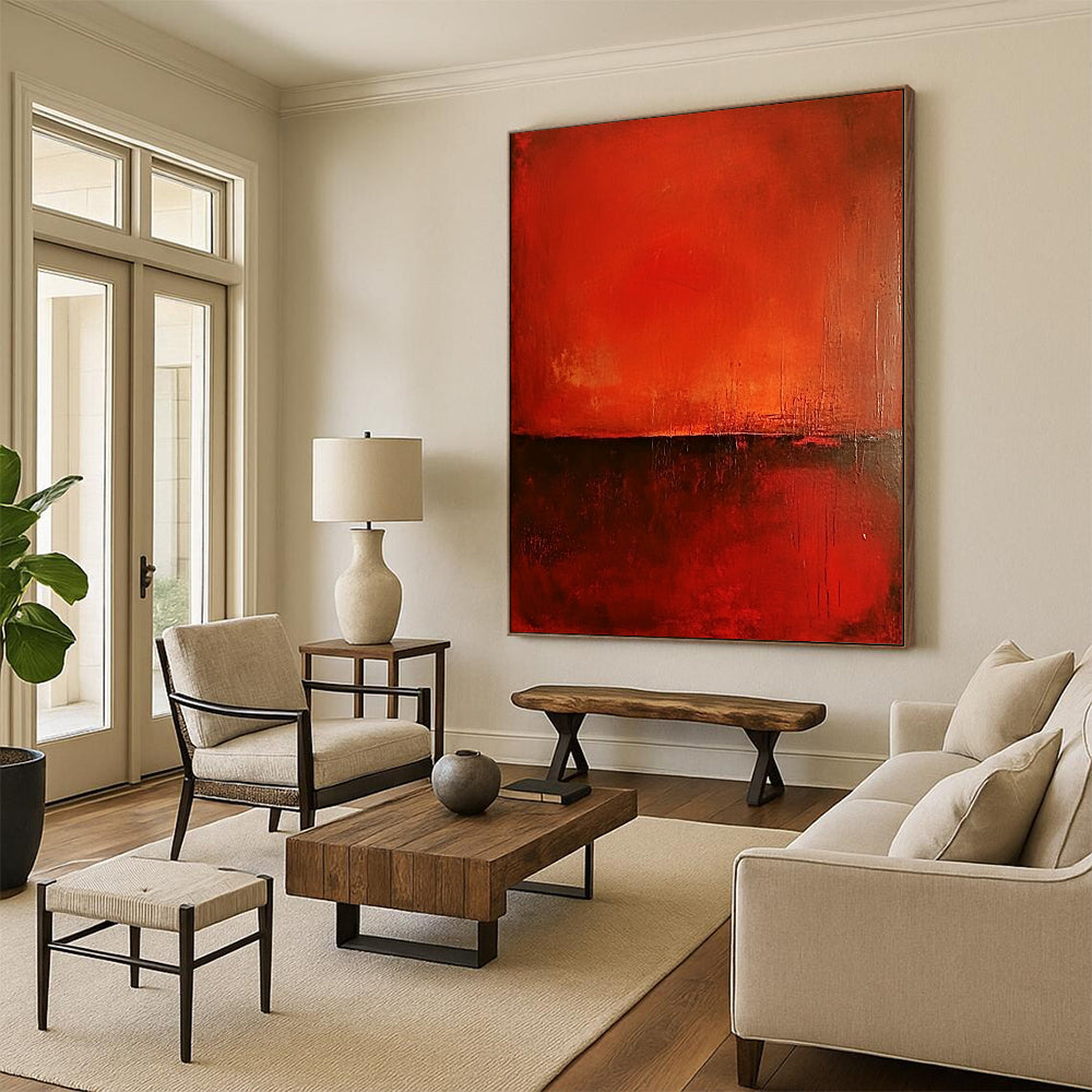 Contemporary abstract painting features a rich red background, smooth red surface, and warm dark brown accents, creating minimalist atmospheric depth and intriguing textures. DLZ1448