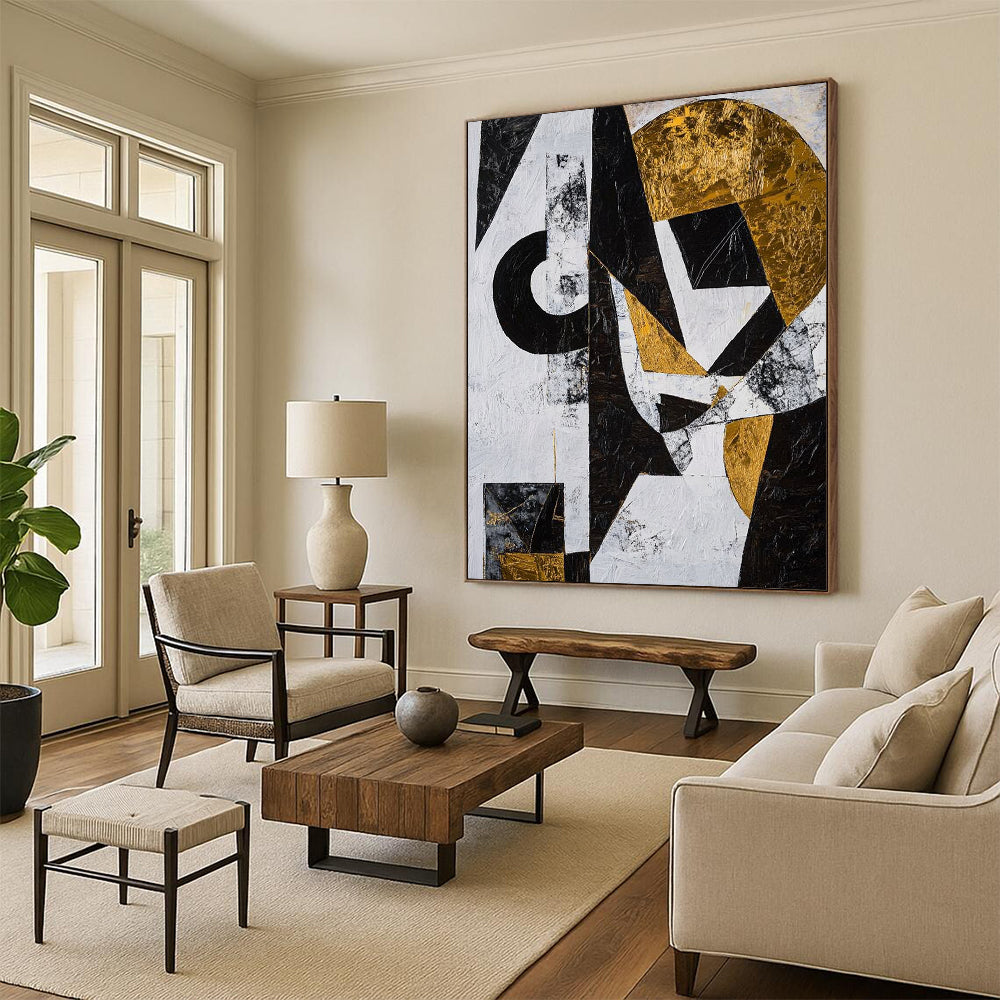 Black, White, Gold and Gray Geometric Abstraction "Dynamic Geometry" Painting On Canvas HB376
