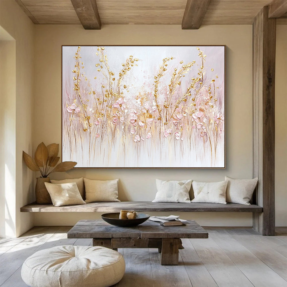 “Elegant Blush & Gold Meadows” - Pink, Gold, White, Delicate Wildflower Fields Painting On Canvas HB1017