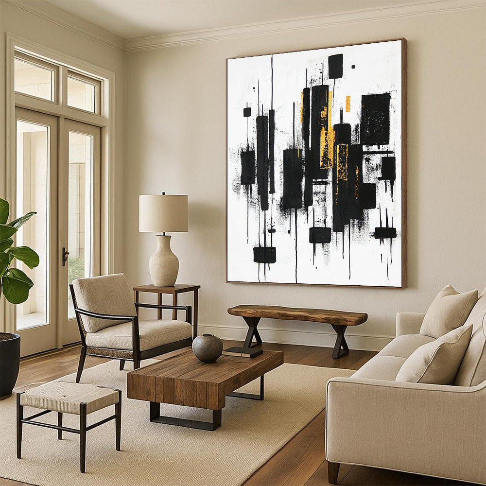 Black, White, Gold and Gray Abstract "Vertical Dynamics" Painting On Canvas HB405