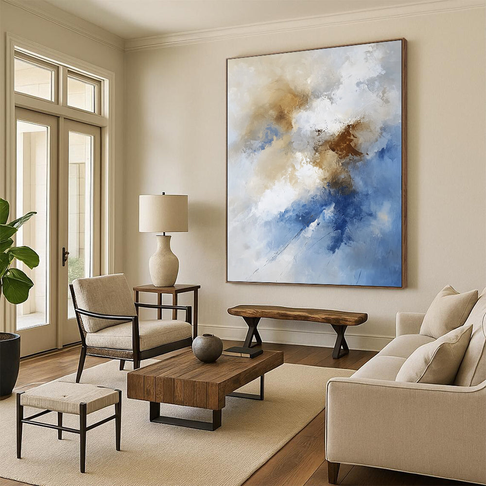Large contemporary hand-painted abstract artwork featuring fluid lines and soft edges with tranquil beige and brown clouds creating an ethereal atmosphere. DLZ0325