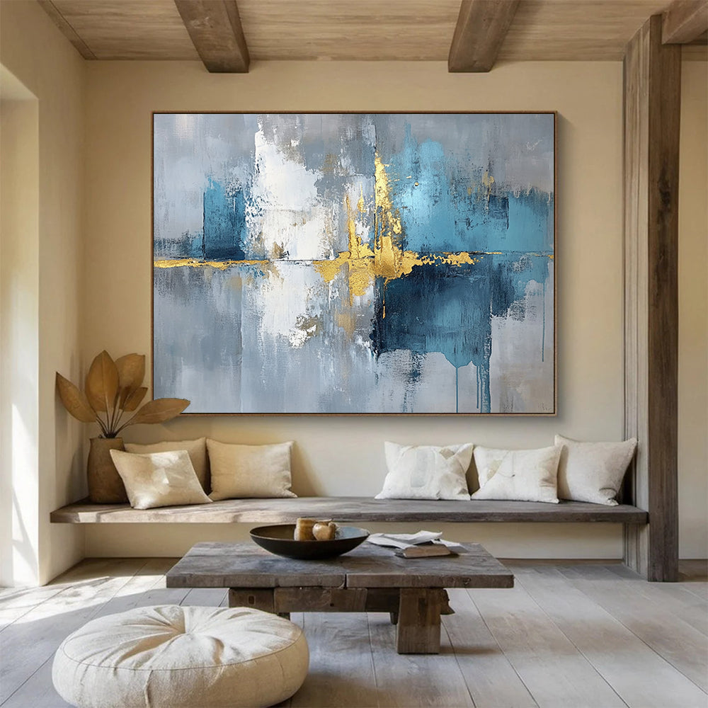 “Reflective Gold - Blue - Gray Abstract” - Gold, Blue, Gray, White, Reflective Textures Painting On Canvas HB0821