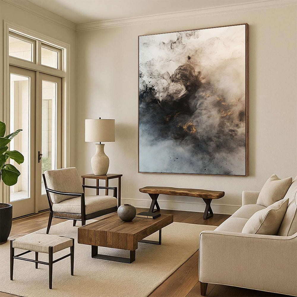 Black, Gray, White, Gold, Smoke - like Swirls "Mystic Mist" Abstract Ink - Inspired Painting On Canvas HB042