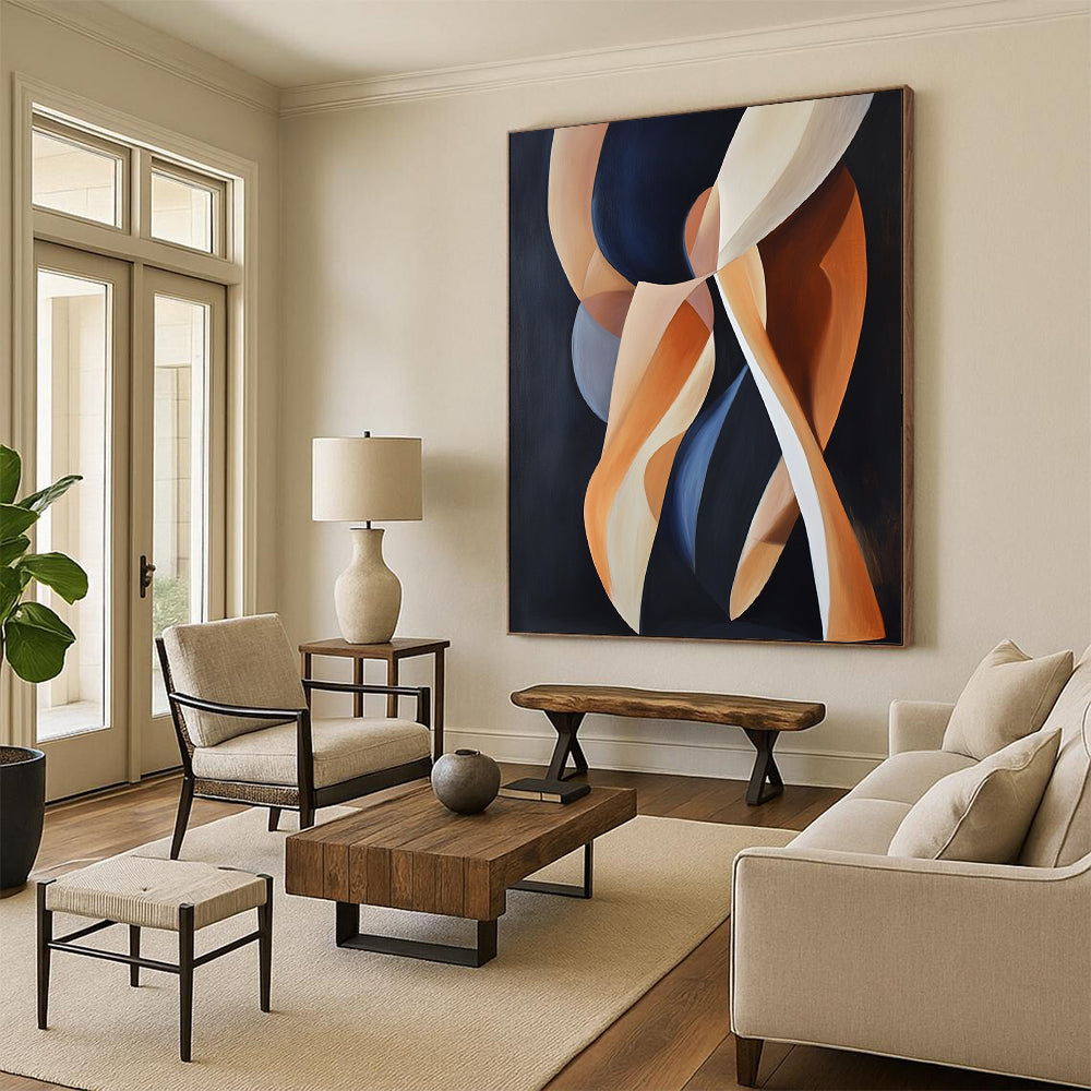Contemporary abstract artwork featuring dynamic shapes of women's legs in motion against a dark background with light orange and navy blue accents. DLZ1668
