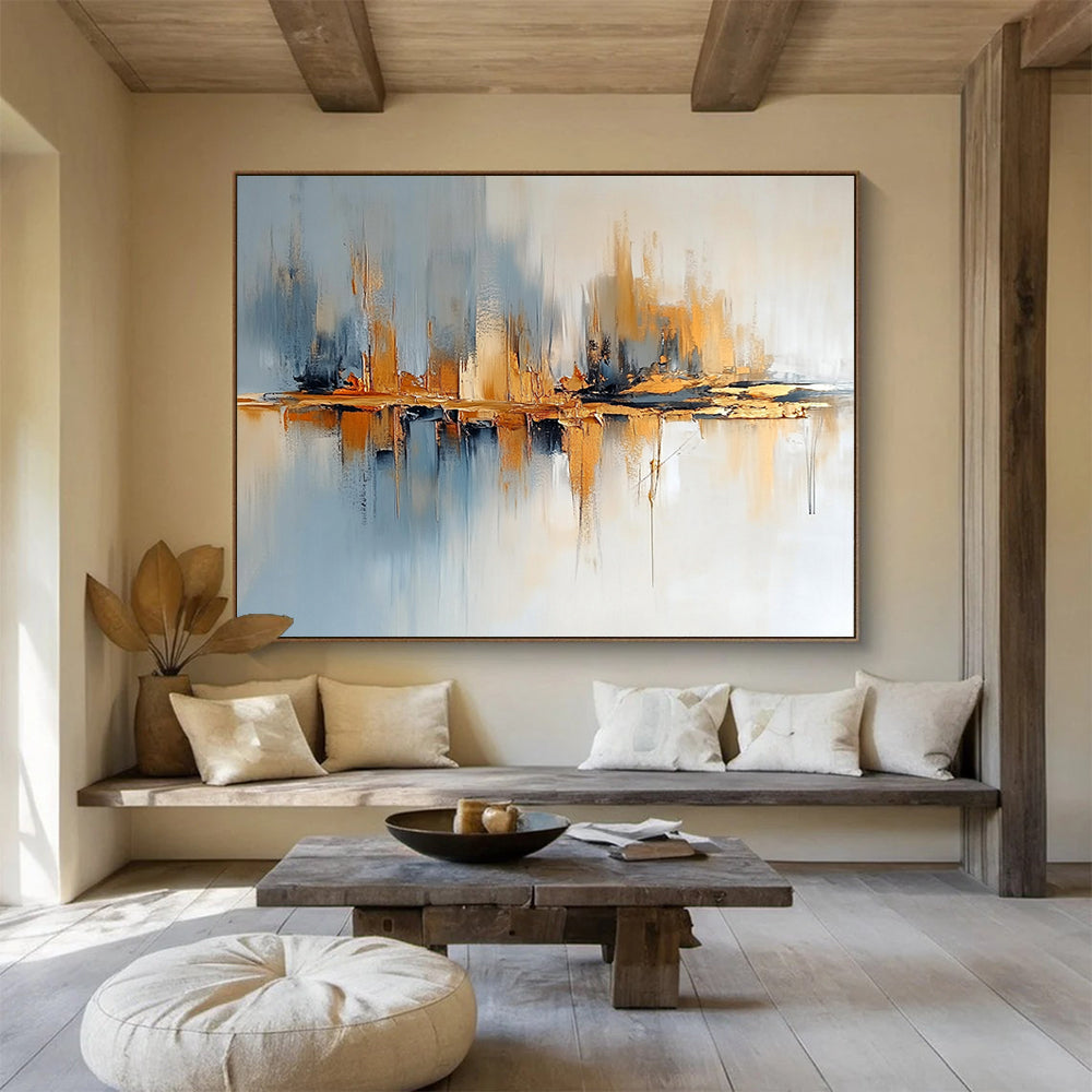 “Abstract Cityscape with Reflection” - Gray, blue, gold; Abstract cityscape with reflective elements; Acrylic Painting On Canvas HB1243