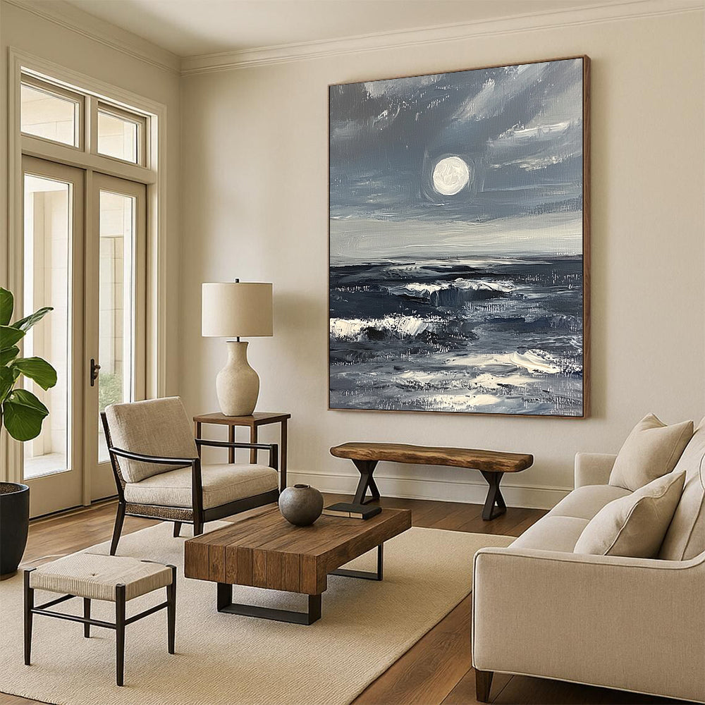 Large contemporary abstract artwork featuring a minimalist moonrise over a stormy ocean in gray and white with thick impasto brush strokes. DLZ1110