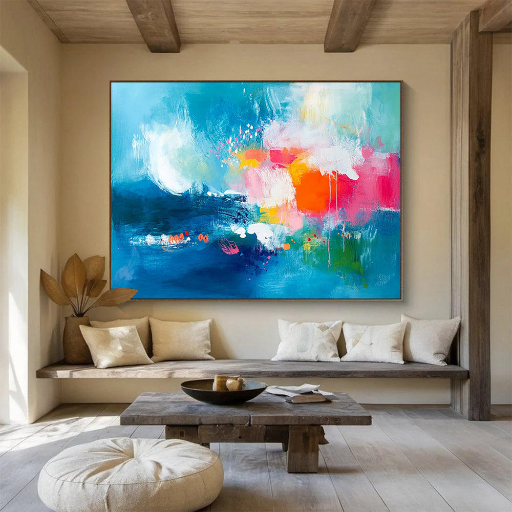 “Colorful Blue - Based Abstract” - Blue, Pink, Orange, Green with Splashes - Painting On Canvas HB1378