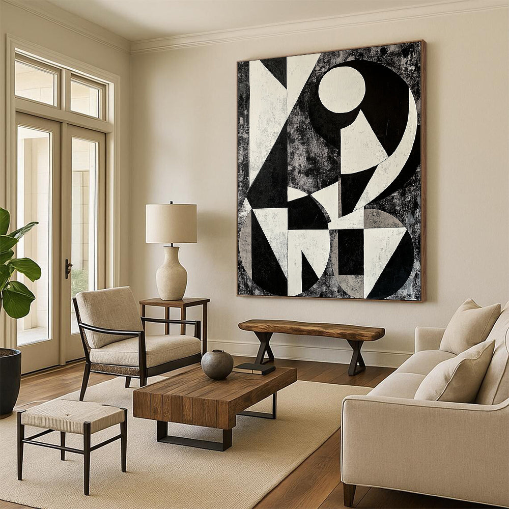 Black, White and Gray Geometric Abstraction "Monochrome Maze" Painting On Canvas HB392