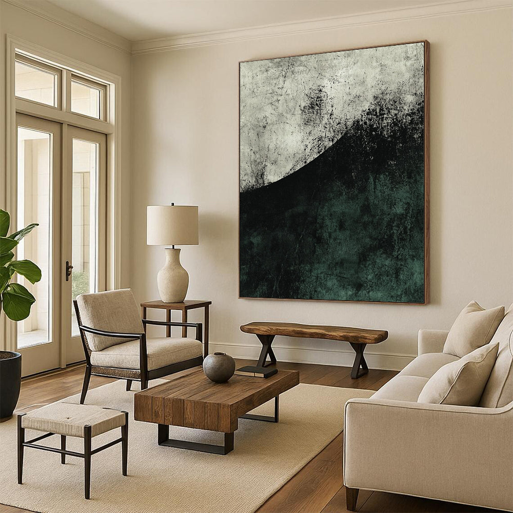 Contemporary abstract artwork featuring a large dark green and grey half circle with textured brushwork and strong negative space in muted tones. DLZ0809