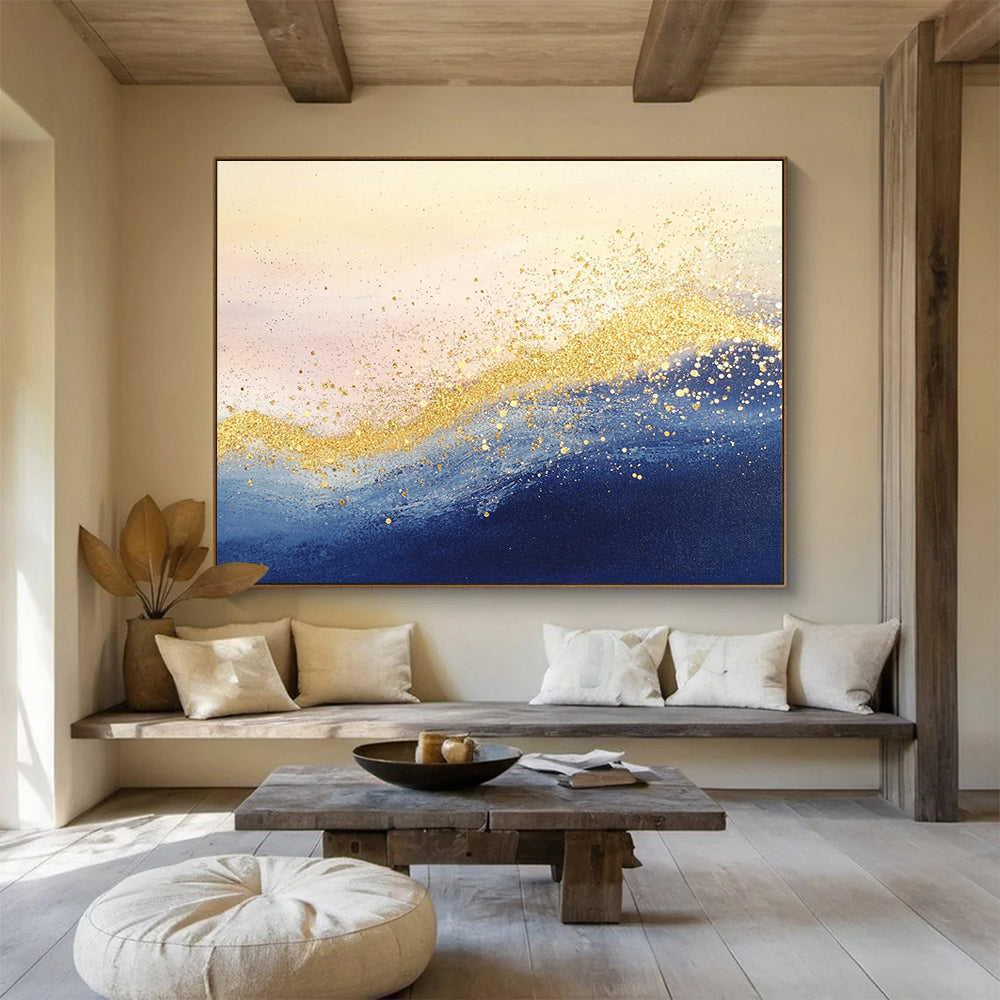 “Golden Sea Sparkle” - Blue, Gold, White, Abstract Waves - Mixed - Media Painting HB1478