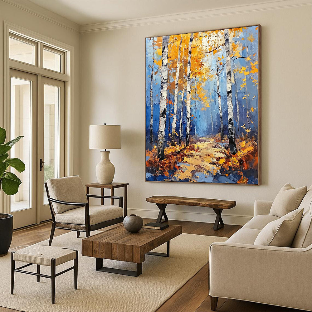 Contemporary abstract painting featuring a birch forest in autumn with vibrant blue and yellow tones and golden leaves in a modern impressionist style. DLZ1533