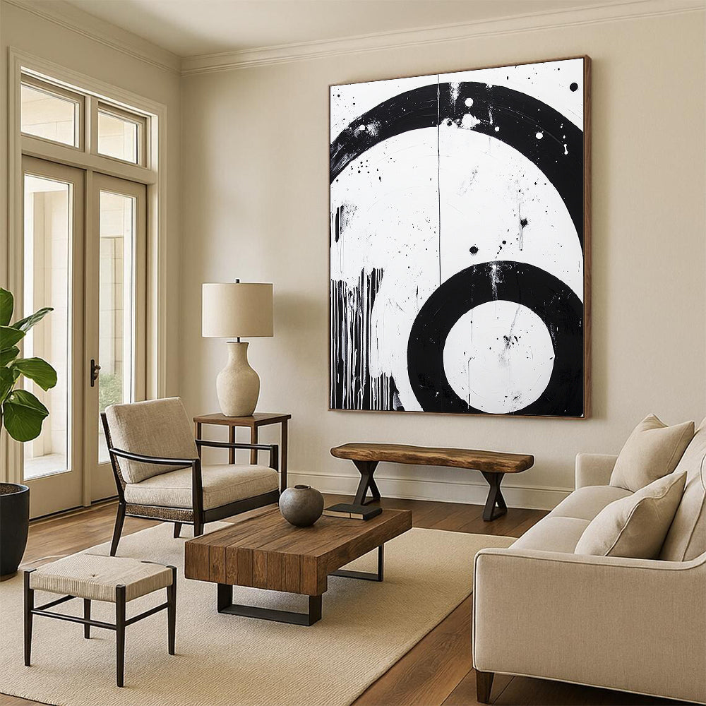 Black, White, Dripping Circles "Grungy Circle Drips" Abstract Street - Art Inspired Painting On Canvas HB180