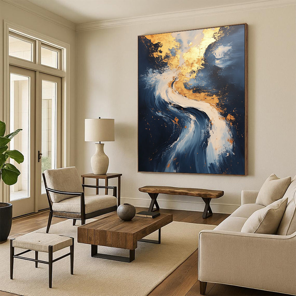 Contemporary abstract painting showcases flowing water and serene clouds with gold leafing and ultra-detailed textures for a captivating experience. DLZ0332