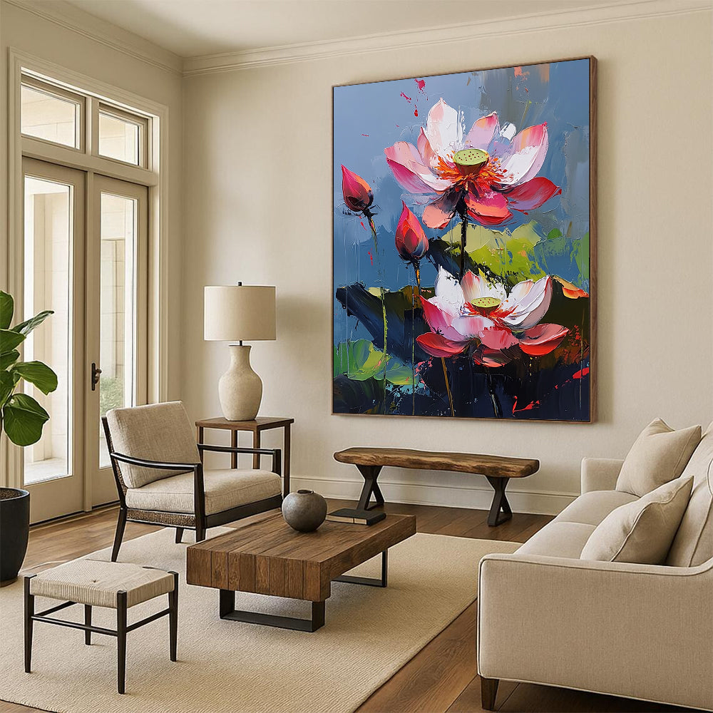 Contemporary hand-painted abstract artwork features vibrant lotus flowers with pink and red petals against a blue background creating a lively atmosphere. DLZ0423